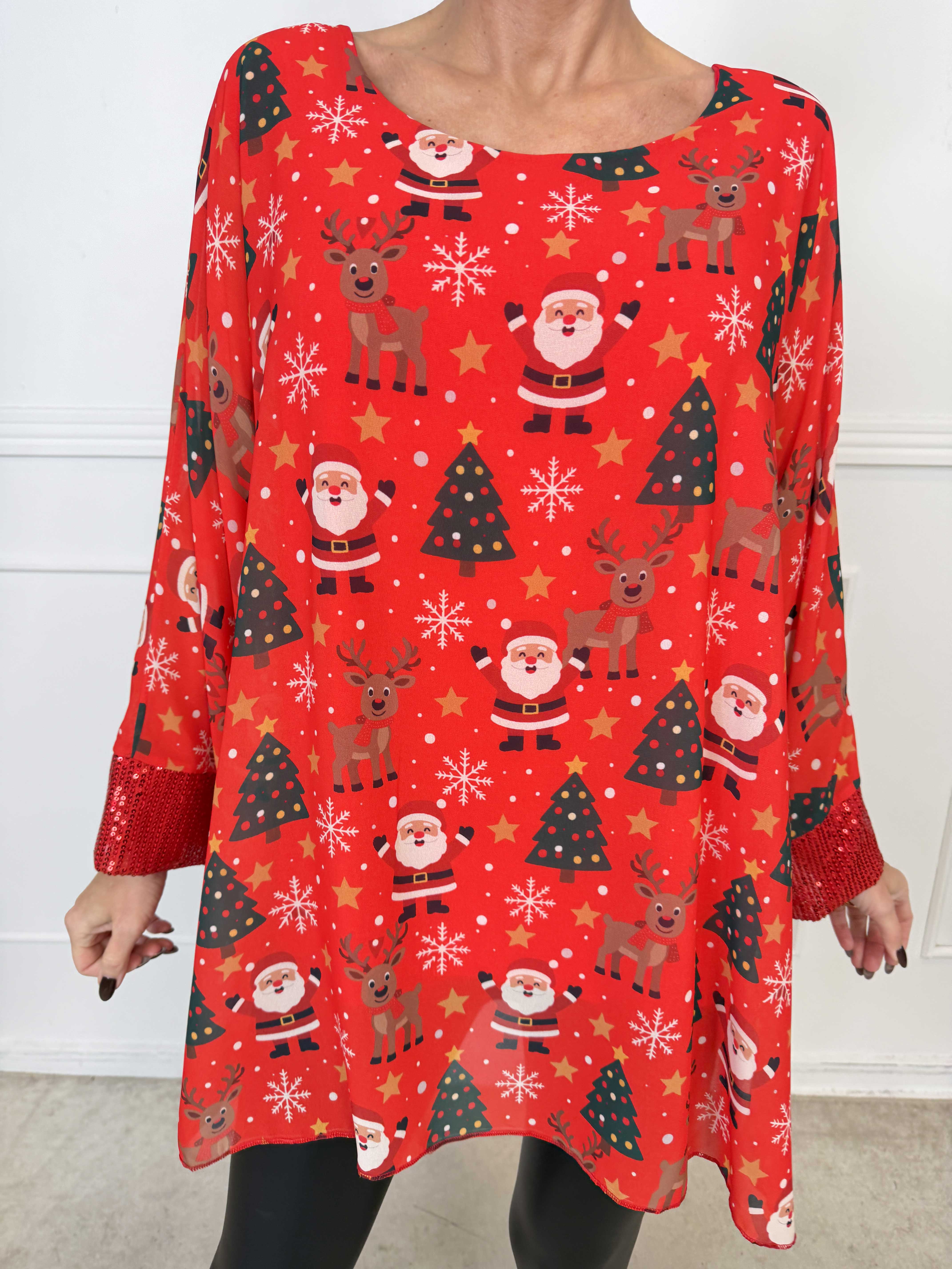 Santa - Tunika med paljetter och fina julmotiv på det eleganta chiffonlagret